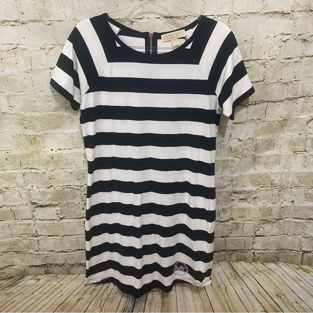 Michael Kors Black White Striped Beaded Short Sleeve T Shirt Dres